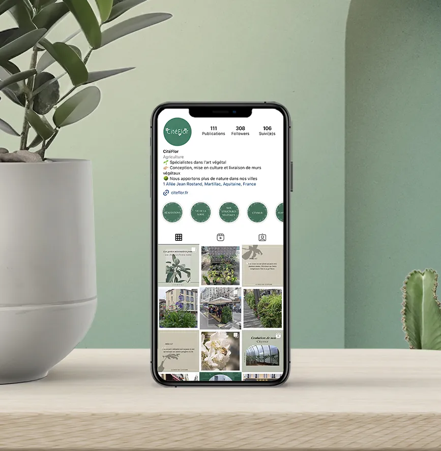 Feed Instagram de l'entreprise Citéflor dans un écran d'Iphone