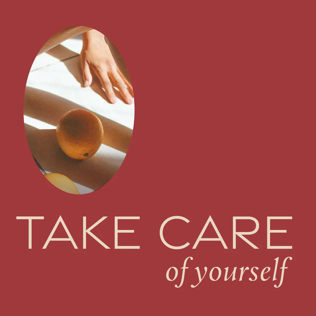 Fond rouge avec le texte "Take care of yourself" et une photo d'une femme avec des oranges