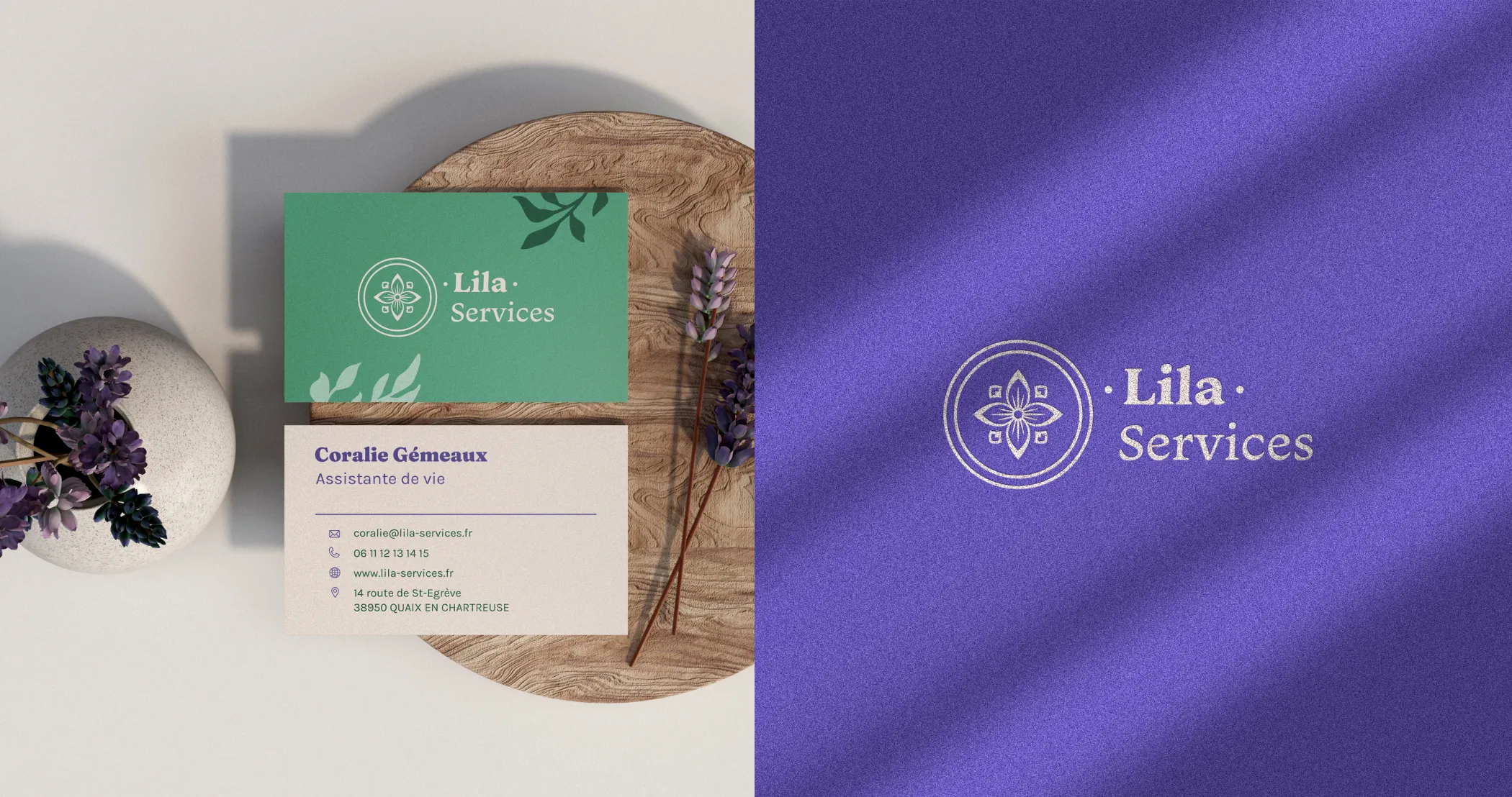 Image séparée en deux : d'un côté des cartes de visite de Lila Services, et de l'autre le logo de Lila Services sur un fond violet