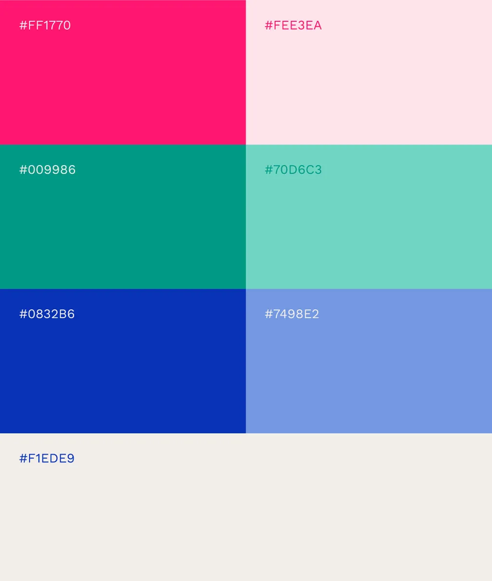 Palette de couleurs de Mélio : Rose vif, rose pâle, vert forêt, vert jade, bleu électrique, bleu pâle, beige