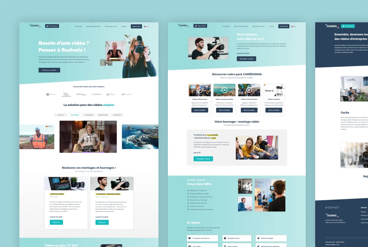 Les interfaces du site vitrine de Rushmix